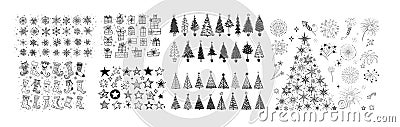 Big set of christmas doodle elements. Stars, snowflakes, christmas trees, fireworks on white background. Christmas Vector Illustration