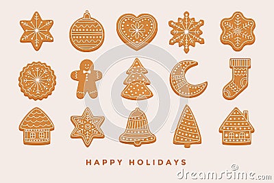 Big set Christmas gingerbread: gingerbread houses, crescent, gingerbread man, snowflakes, sock, Christmas tree, bell, star, new ye Vector Illustration