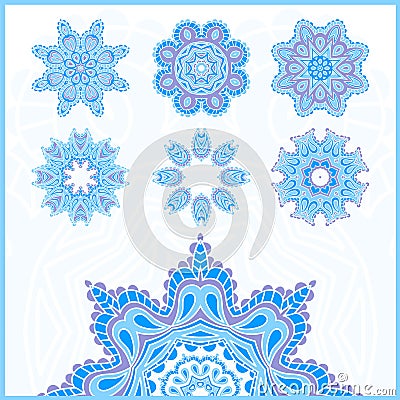 Big set of Christmas snowflakes, circular blue ornaments. Vintage decorative elements. Set of beautiful ethnic, oriental ornament Vector Illustration