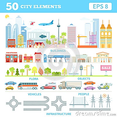 Big set with city elements to make your own city. Vector Illustration