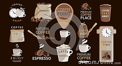 Big set of Coffee emblems or stickers with coffee illustrations. Logotypes. Arabica, espresso, latte. Big vector collection. Cartoon Illustration