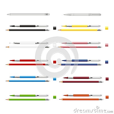 Big set of colored engineering and office pencils with erasers. Vector Illustration