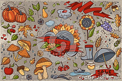 Big set of colored hand-drawn doodles on autumn theme Vector Illustration