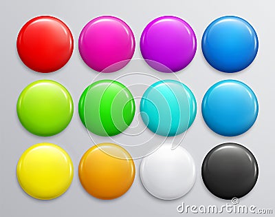 Big set of colorful glossy badge or button. 3d render. Round plastic pin, emblem, volunteer label. Vector. Vector Illustration