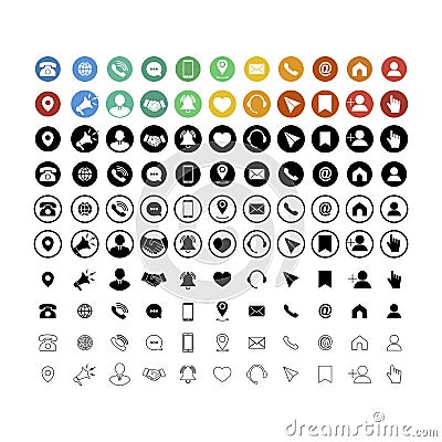 Big set of communication icons. Phone, mobile phone, retro phone, location, mail and web site symbols on isolated background for Vector Illustration