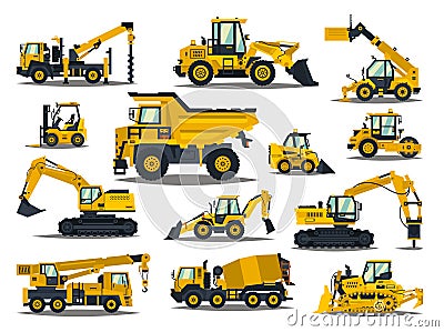 Big set of construction equipment. Special machines for the construction work. Forklifts, cranes, excavators, tractors Vector Illustration