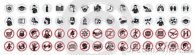 Big set of coronavirus icons. Preventive virus protection measures, quarantine icons, prohibition symbols, virus prevention Vector Illustration