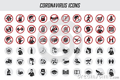 Big set of coronavirus icons. Preventive virus protection measures, quarantine icons, prohibition symbols, virus prevention Vector Illustration