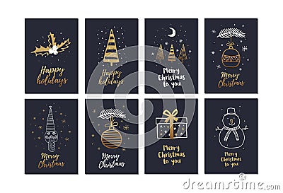 Big set of creative Christmas cards with gold hand drawn elements holiday. Vector Illustration