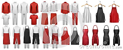 Big set of culinary clothing, white and red suits and aprons. Vector Illustration