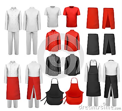 Big set of culinary clothing, white and red suits and aprons. Vector Illustration