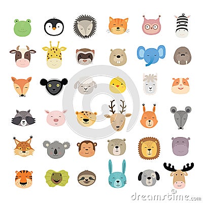 Big set of cute animal faces. Hand drawn characters. Vector illustration. Vector Illustration