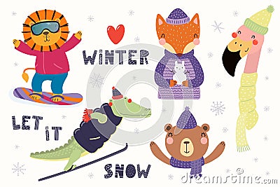 Cute animals winter set Vector Illustration
