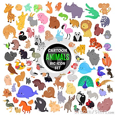 Big set of cute cartoon animal icons on white background Cartoon Illustration