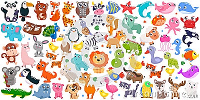 Big set of cute cartoon animals. Vector illustration Stock Photo
