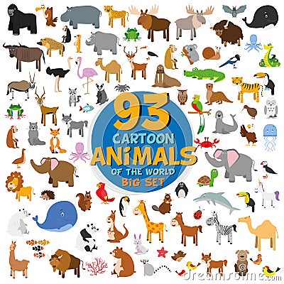 Big set of 93 cute cartoon animals of the world. Vector Illustration