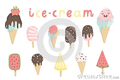 Big set of cute cartoon ice creams stickers Vector Illustration