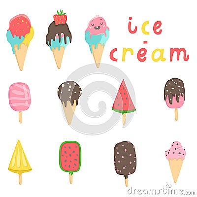 Big set of cute cartoon ice creams stickers Vector Illustration