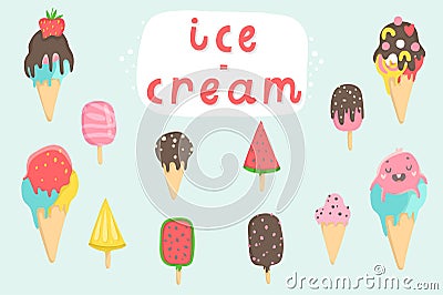 Big set of cute cartoon ice creams stickers Vector Illustration