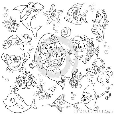 Big set of cute cartoon sea animals and mermaid Vector Illustration