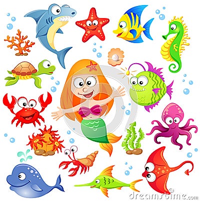 Big set of cute cartoon sea animals and mermaid Vector Illustration