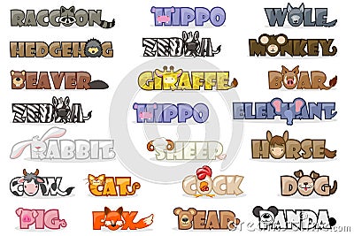 Big set cute cartoon text name animals, funny font Vector Illustration