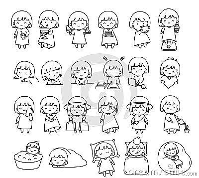 Big set cute girl cartoon character ,flat icon outline for sticker,planner.vector Vector Illustration