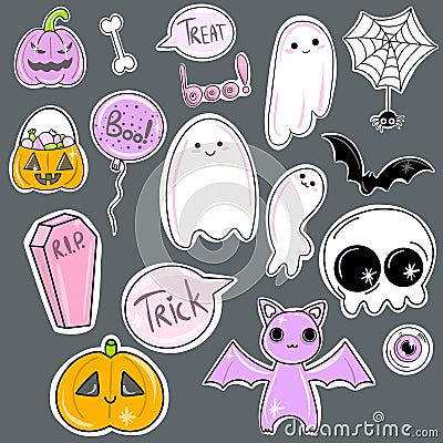 Vector Big set of cute halloween stickers. Ghosts, skull, coffin, pumpkin for holiday design. Vector Illustration