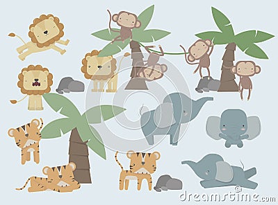 Big set of cute jungle animals with elephants, lions, tigers and monkeys in safari with palms. Vector Illustration