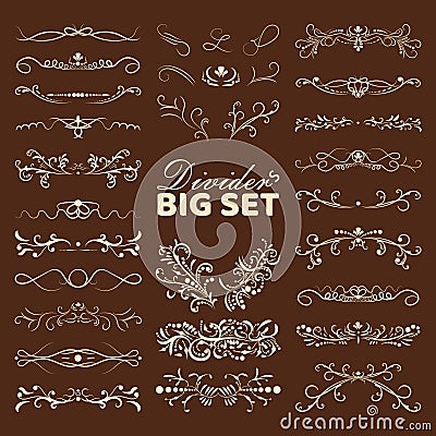 Big set of decorative flourishes hand drawn dividers. Victorian Collection ornate page decor elements banners, frames Vector Illustration