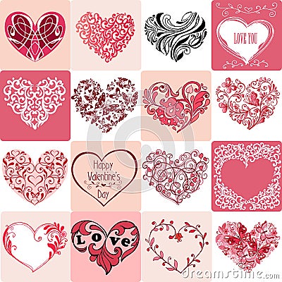 Big set of decorative pink hearts. Can be used for invitations, Vector Illustration