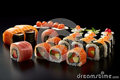 Big set of delicious sushi rolls on black background, AI Generated Cartoon Illustration