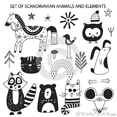 Big set of diferent cartoon animals. Cute handdrawn kids clip art collection. Vector illustration Vector Illustration