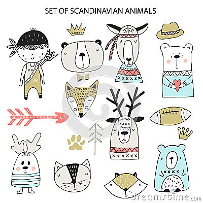 Big set of diferent cartoon animals. Cute handdrawn kids clip art collection. Vector illustration Vector Illustration