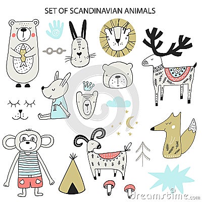 Big set of diferent cartoon animals. Cute handdrawn kids clip art collection. Vector illustration Vector Illustration