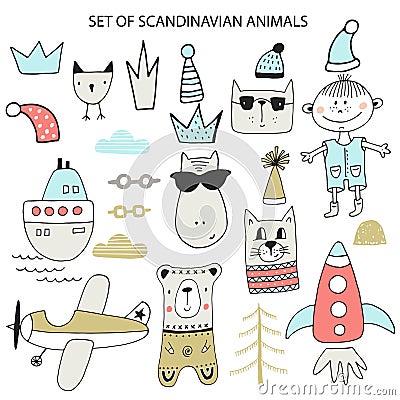 Big set of diferent cartoon animals. Cute handdrawn kids clip art collection. Vector illustration Vector Illustration