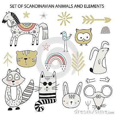 Big set of diferent cartoon animals. Cute handdrawn kids clip art collection. Vector illustration Vector Illustration