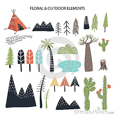Big set of diferent floral and outdoor elements. Cute handdrawn kids clip art collection. Vector Illustration