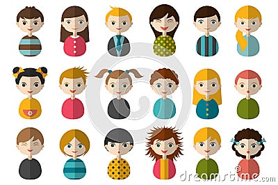 Big set of different avatars of children. Boys and girls on a white background. Minimalistic flat modern icon set portraits. Vector Illustration