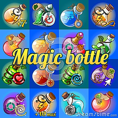 Big set of different magic bottles Vector Illustration
