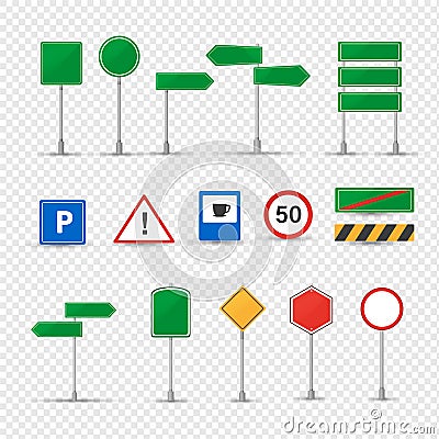 Big set different road signs. Prescriptive, prohibitory, information, priority. Vector Illustration