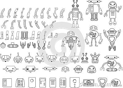 Big set of different robot parts in black and white Vector Illustration