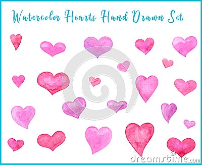 A big set of different watercolor hand drawn cute hearts for congratulations on Valentine`s Day, wedding, honeymoon Stock Photo