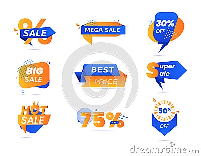 Big Set of Discount Tags Colorful Geometric Shapes and Dotted Patterns. Social Media Trendy Template for Mega Sale Vector Illustration