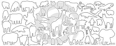 Big set of doodle cartoon isolated African American forest animals icons. Vector outline tiger lion rhinoceros buffalo zebra Vector Illustration