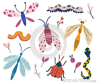 Big set of doodle insects. Beetle, butterfly, moth, worm, dragonfly, snake. Insects collection. Butterflies and moths with plants Vector Illustration