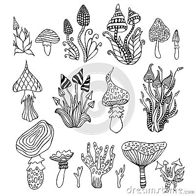 Big set with doodle psychedelic artistic abstract trippy mushrooms, isolated background. Coloring page cartoon Vector Illustration