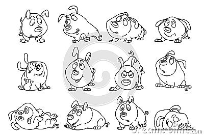 Big set of drawn outlines of funny comical dogs. Design for coloring book, sketch vector Vector Illustration