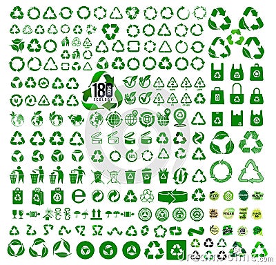 Big set of 170 ecology icons. Recycle icon. Symbols and signs for design of packaging products, information about the goods being Cartoon Illustration