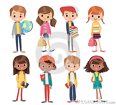 Big set of 8 eight happy teenager kids in different clothes Vector Illustration